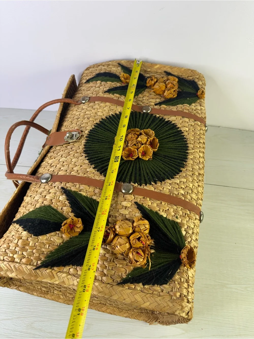 Vtg 60s Mexico Straw Woven Large Shopper Tote Beach Bag w 3D Rattan Flowers - Picture 10 of 10